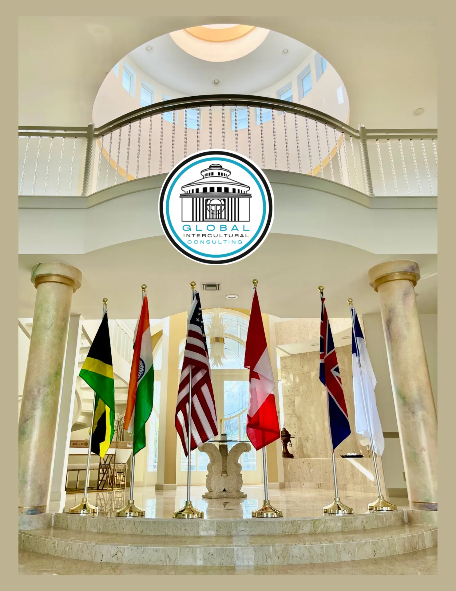The Global Intercultural Center lobby with flags