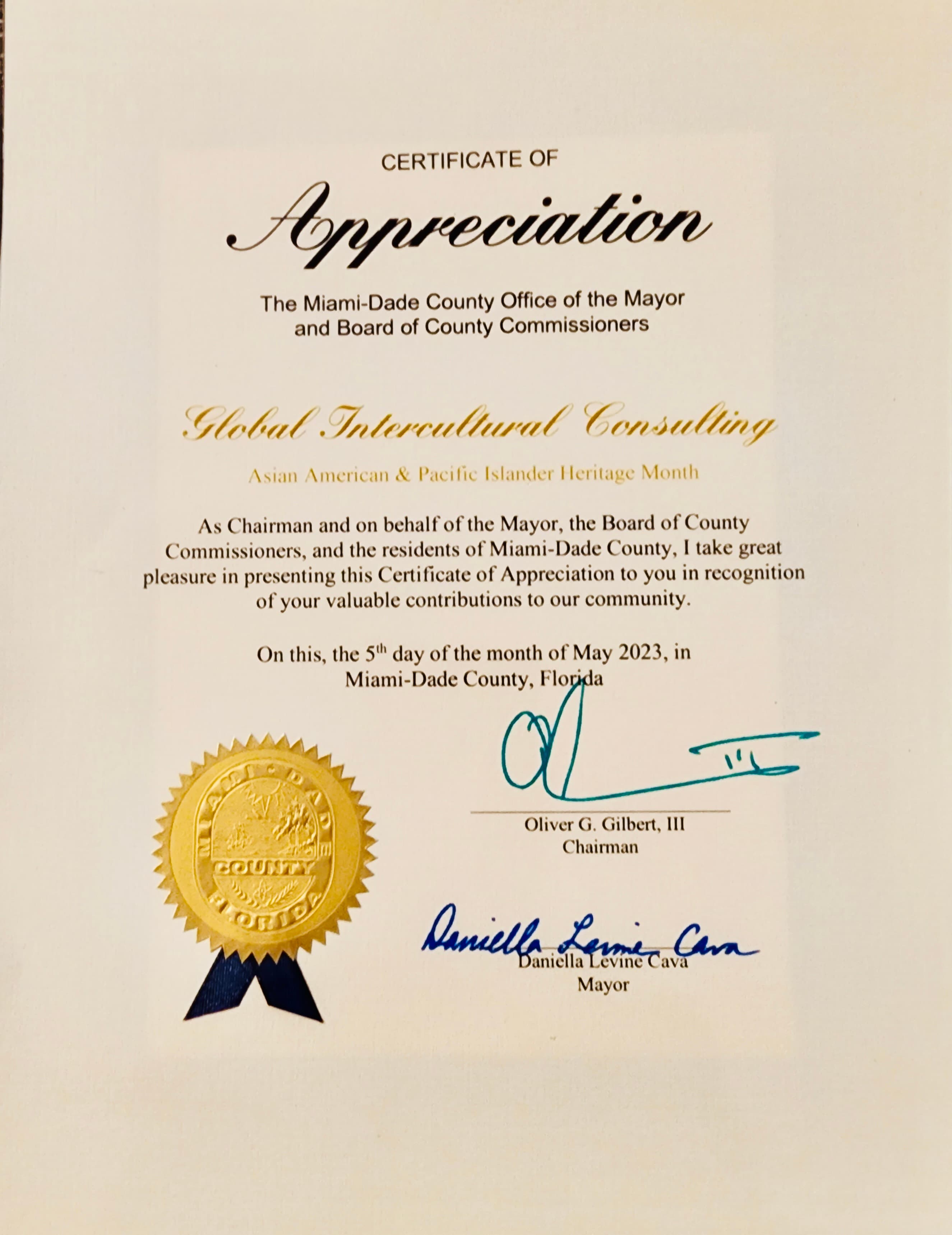 Certificate of Appreciation from the Miami-Dade County Office of the Mayor and Board of County Commissioners, presented to Global Intercultural Consulting for Asian American & Pacific Islander Heritage Month, May 2023